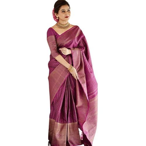  Women's Silk Printed Saree With Unstitched Blouse 5.5Mtr (Purple) 