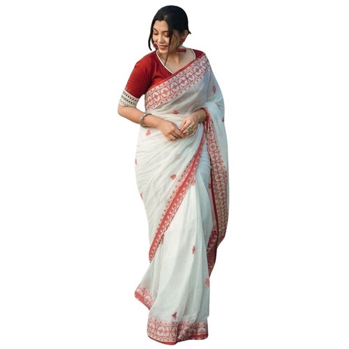  Women's Cotton Printed Saree With Unstitched Blouse 5.5Mtr (White-Red) 