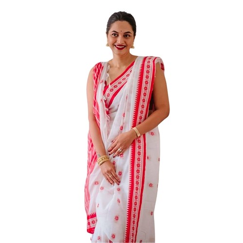  Women's Cotton Printed Saree With Unstitched Blouse 5.5Mtr (White-Pink) 