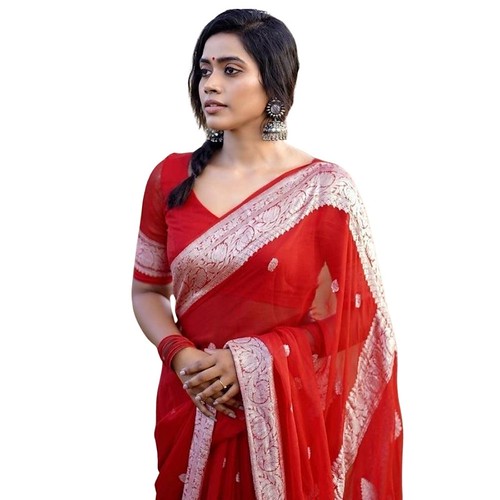  Women's Cotton Printed Saree With Unstitched Blouse 5.5Mtr (Red) 