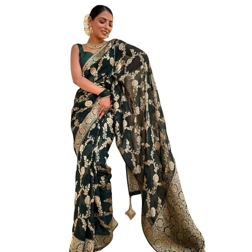  Women's Silk Printed Saree With Unstitched Blouse 5.5Mtr (Dark Green) 