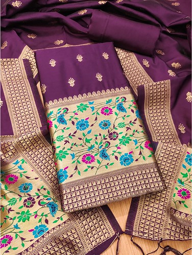  Women's Banarasi Silk Printed Unstitched Salwar Suit Material With Dupatta (Wine, 3Mtrs) 
