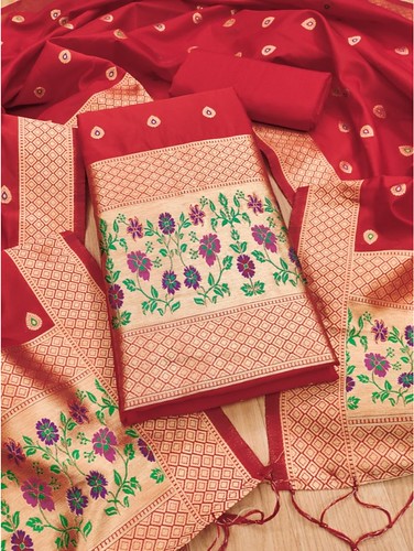  Women's Banarasi Silk Printed Unstitched Salwar Suit Material With Dupatta (Red, 3Mtrs) 