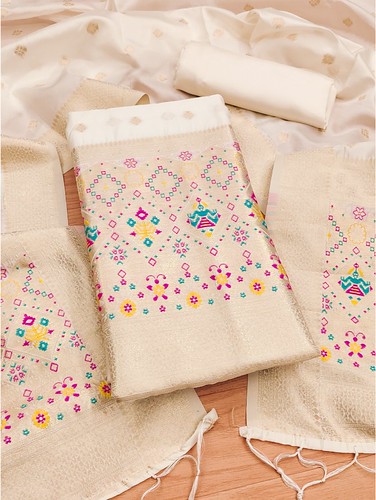  Women's Banarasi Silk Printed Unstitched Salwar Suit Material With Dupatta (White, 3Mtrs) 