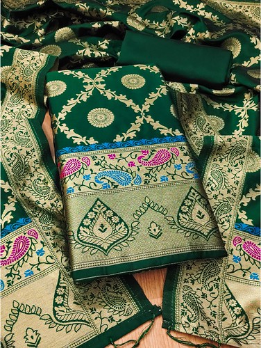  Women's Banarasi Silk Printed Unstitched Salwar Suit Material With Dupatta (Bottle Green, 3Mtrs) 