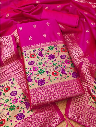  Women's Banarasi Silk Printed Unstitched Salwar Suit Material With Dupatta (Pink, 3Mtrs) 