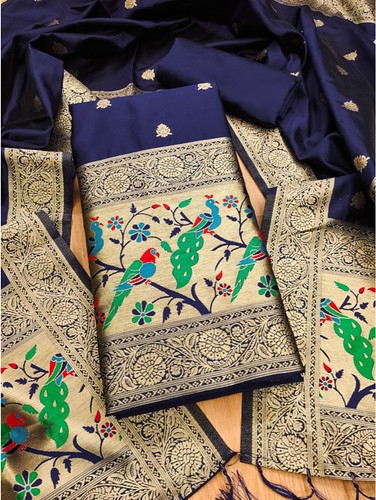  Women's Banarasi Silk Printed Unstitched Salwar Suit Material With Dupatta (Navy Blue, 3Mtrs) 