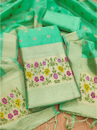  Women's Banarasi Silk Printed Unstitched Salwar Suit Material With Dupatta (Sea Green, 3Mtrs) 