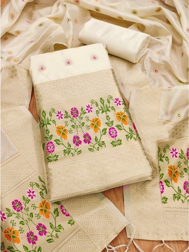  Women's Banarasi Silk Printed Unstitched Salwar Suit Material With Dupatta (White, 3Mtrs) 