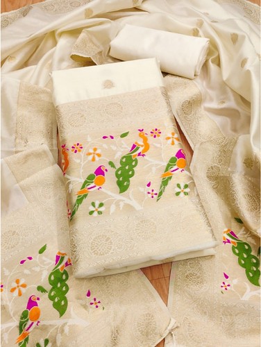  Women's Banarasi Silk Printed Unstitched Salwar Suit Material With Dupatta (White, 3Mtrs) 