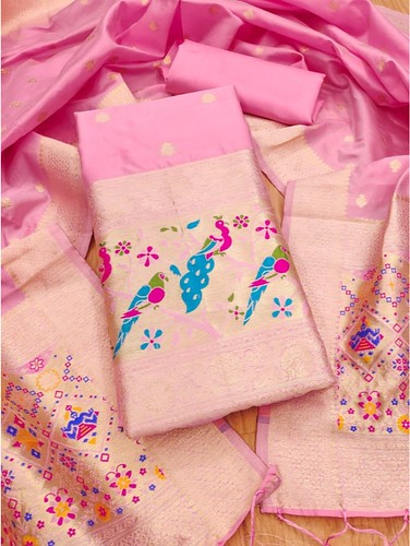  Women's Banarasi Silk Printed Unstitched Salwar Suit Material With Dupatta (Light Pink, 3Mtrs) 