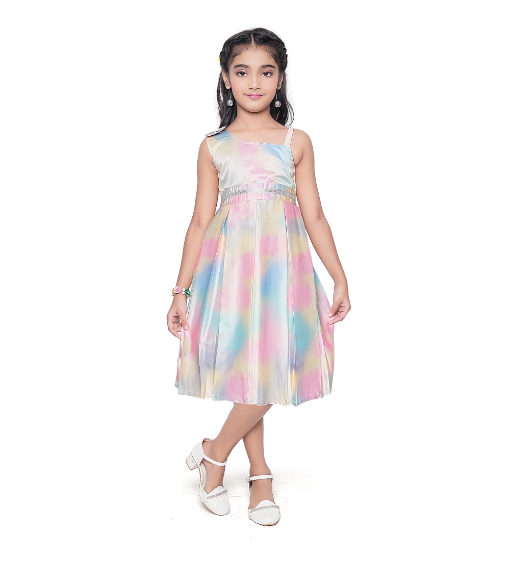  Girl's Satin Soild Sleeve Less Designer Neck Dress (Multicolor) 