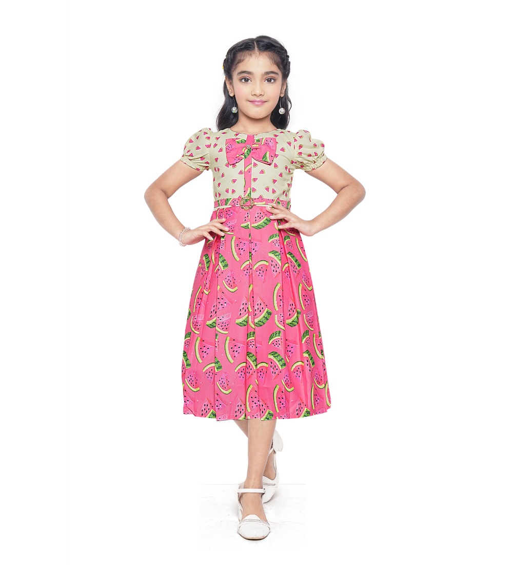  Girl's Twill Printed Short Sleeve Round Neck Dress (Pink) 