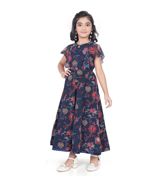 Girl's Shiffon Printed Short Sleeve Round Neck Dress (Blue) 