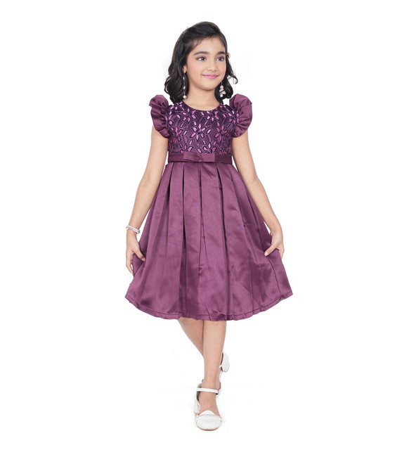  Girl's Satin Printed Sleeve Less Round Neck Dress (Purple) 