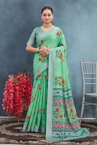 Women's Soft Lichi Silk Printed Saree With Unstitched Blouse 5.5Mtr (Green)