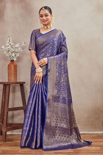 Women's Soft Lichi Silk Printed Saree With Unstitched Blouse 5.5Mtr (Cream)