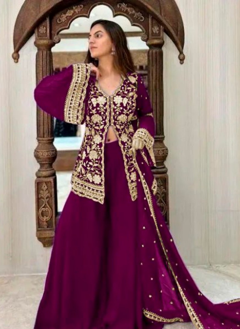 Women's Georgette Embroidery 3-4th Sleeve V-Neck Kurti, Palazzo And Dupatta Set (Wine)