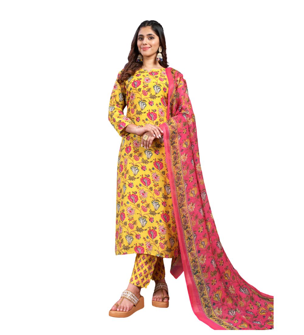 Women's Cotton Blend Printed Kurti With Pant Dupatta Set (Yellow)