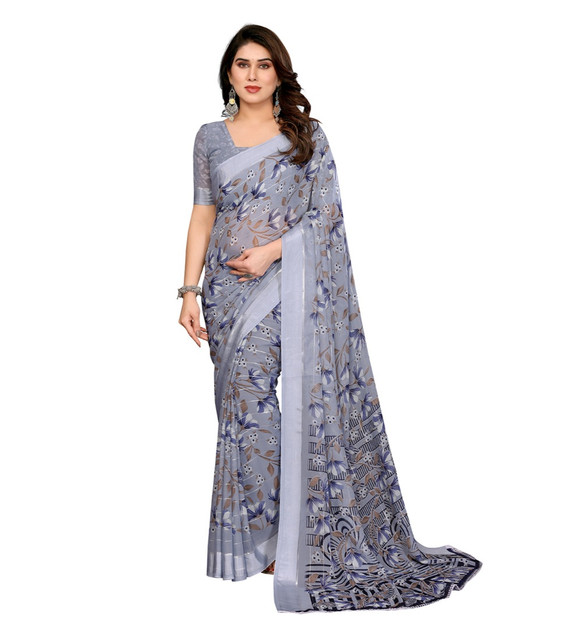 Women's Georgette Printed Saree With Unstitched Blouse 5.5Mtr (Blue)