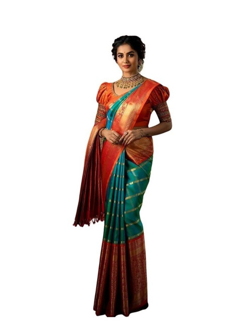 Women's Soft Lichi Silk Printed Saree With Unstitched Blouse 5.5Mtr (Navy-Blue)