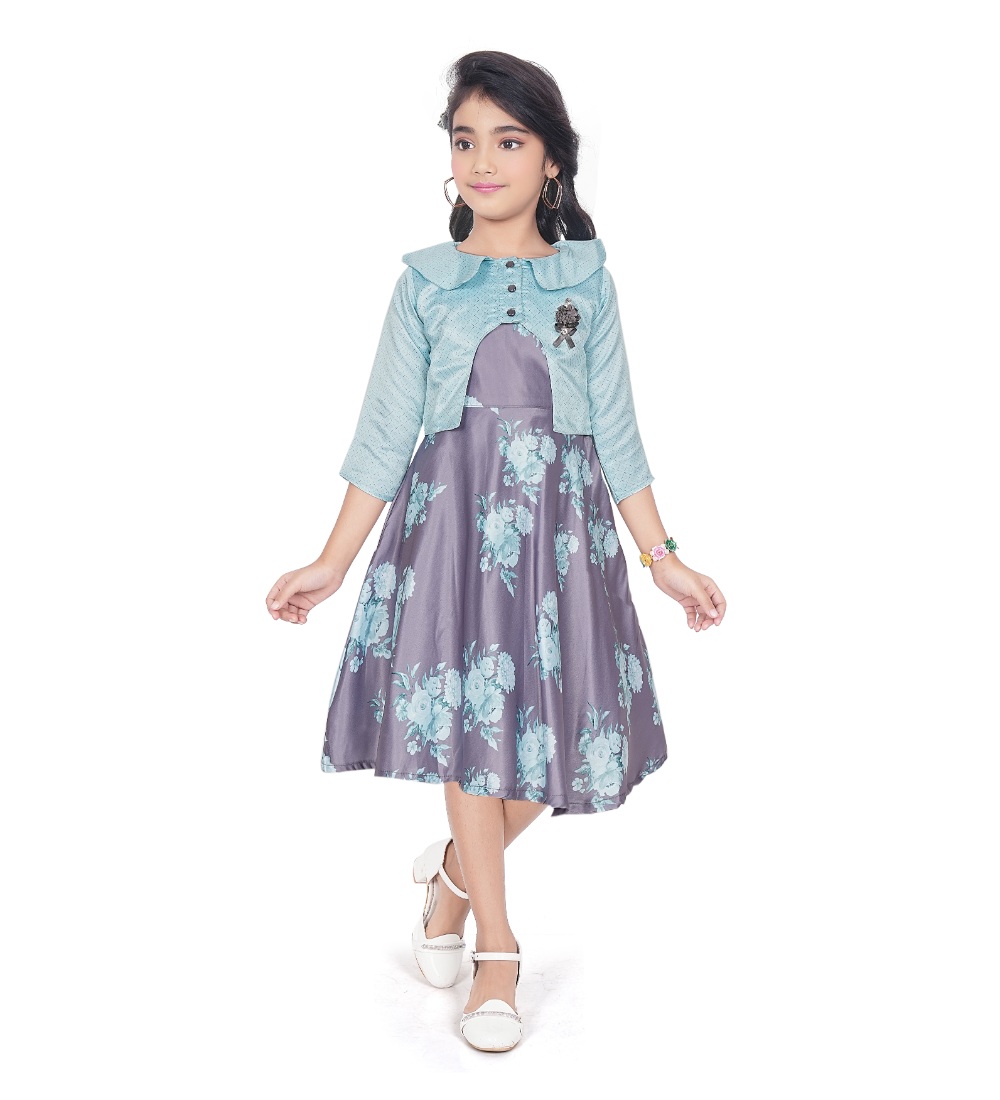 Girl's Satin Printed Sleeve Less Round Neck Dress (Sea Green)