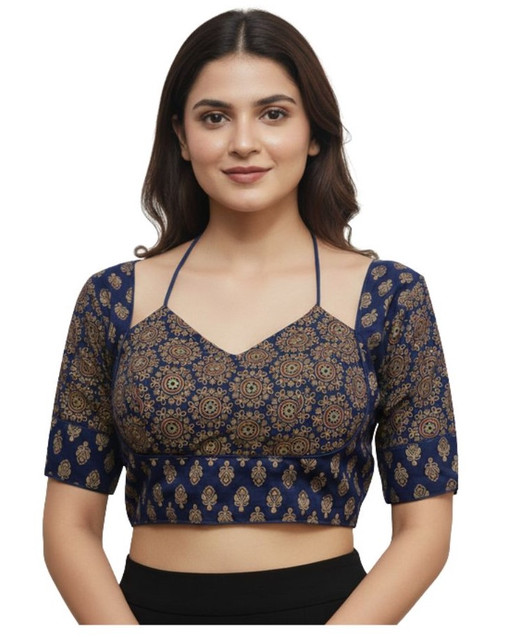 Women's Ajrakh Cotton Printed Sweetheart Padded Blouse (Navy 38 Ready (Self Alterable 3640)