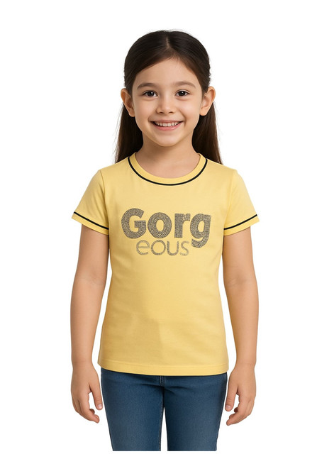 Girl's Cotton Printeded Round Neck T-Shirt (Yellow)