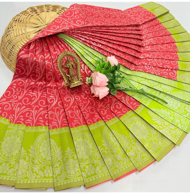 Women's Soft Silk Printed Saree With Unstitched Blouse 5.5Mtr(Red)