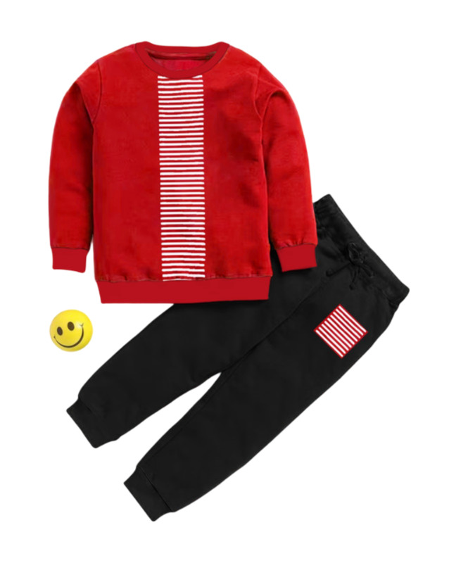 Generic Boy's Casual Full Sleeve Printed Cotton T Shirt With Pant (Red)