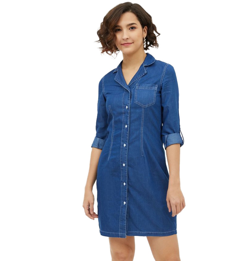 Generic Women's Denim Solid Long Sleeves Above Knee Dress (Blue)