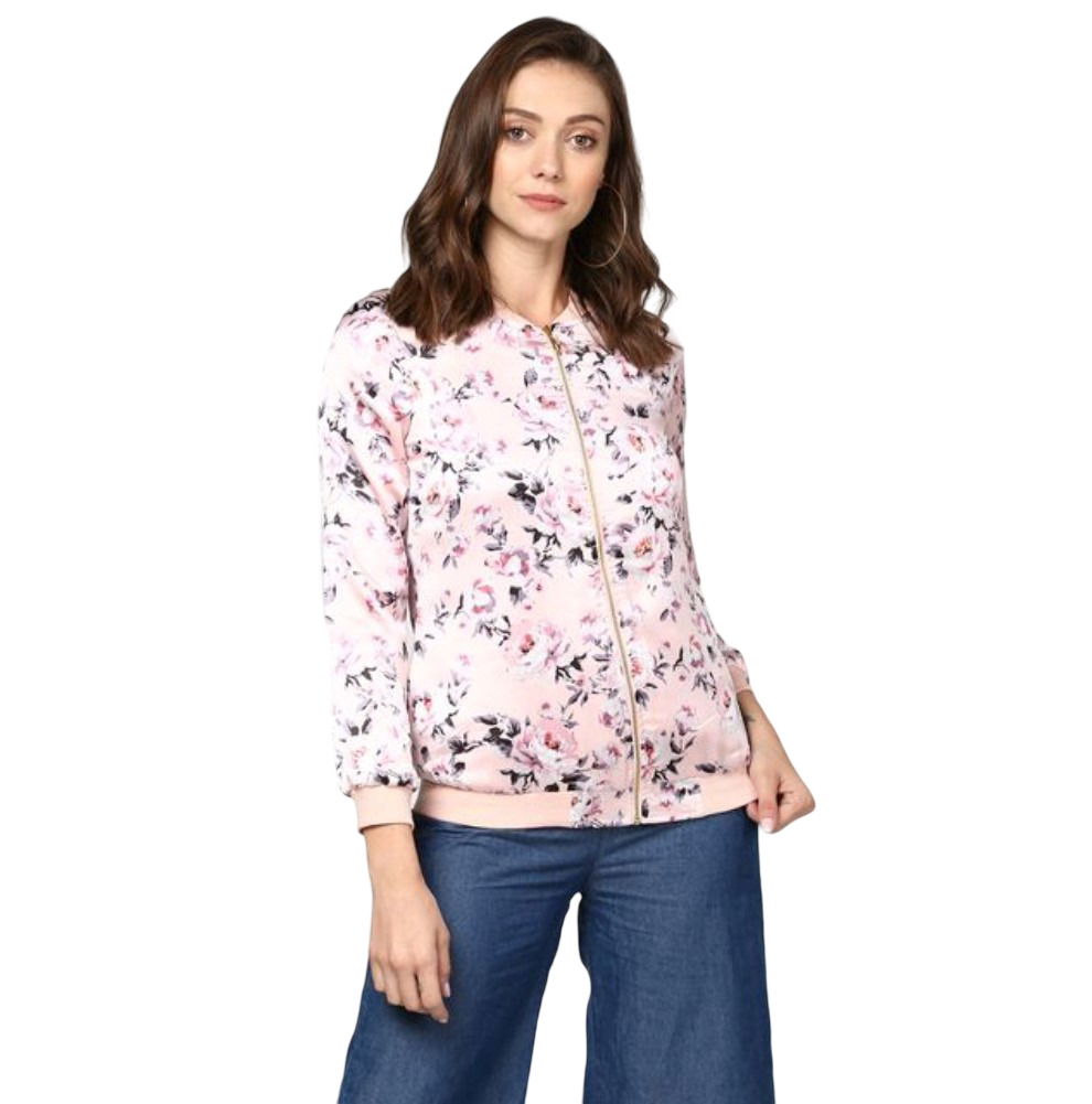 Generic Women's Satin Floral 3/4th Sleeve Jacket (Light Pink)