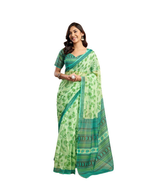 Generic Women's Faux_Linen Printed Ready-to-Wear Saree With Unstitched Blouse 5.5 Mtr (Light_Green)