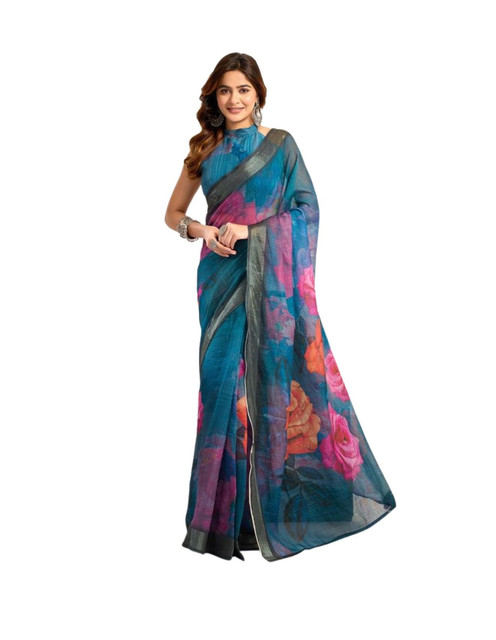 Generic Women's Faux_Linen Printed Ready-to-Wear Saree With Unstitched Blouse 5.5 Mtr (Teal)
