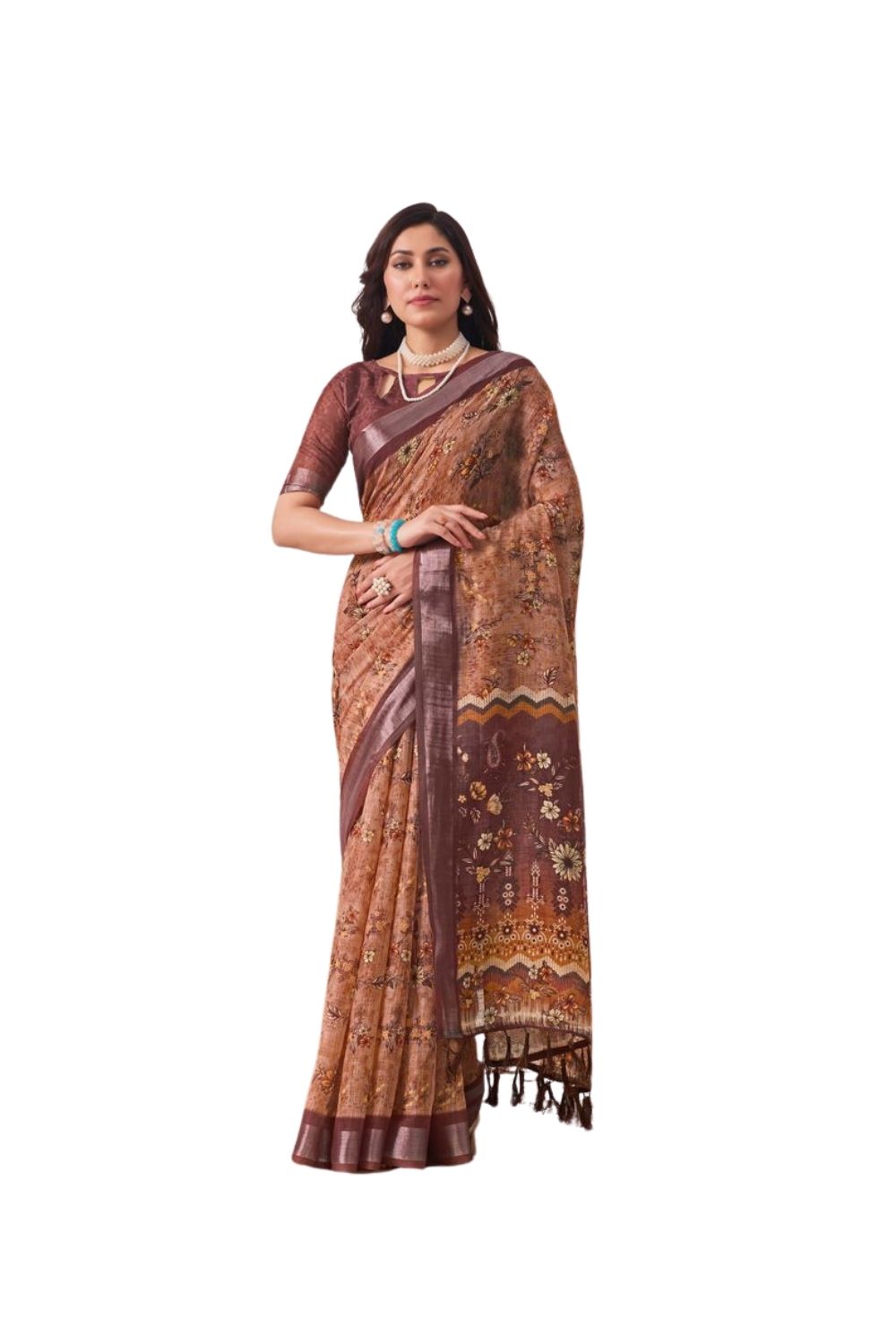 Generic Women's Faux_Linen Printed Saree With Unstitched Blouse 5.5Mtrï¿½(Bronze)