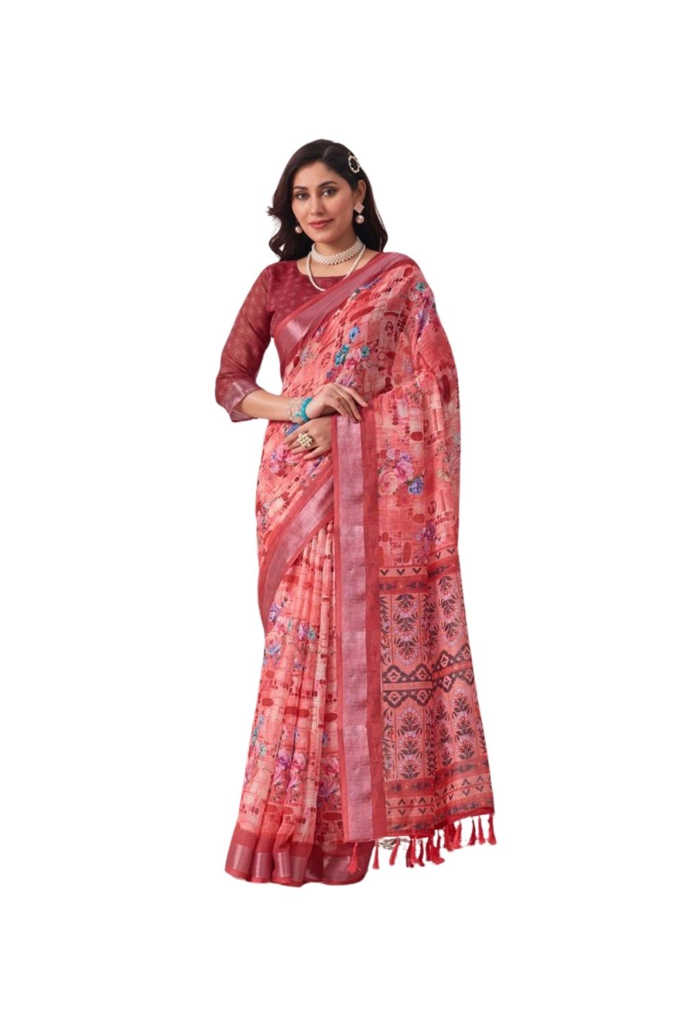 Generic Women's Faux_Linen Printed Saree With Unstitched Blouse 5.5Mtrï¿½(Rose)