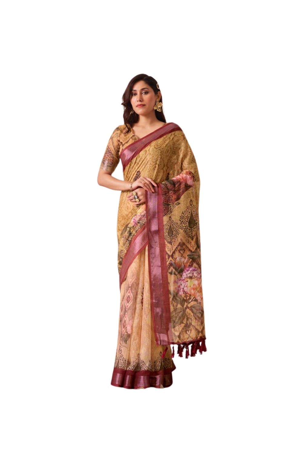Generic Women's Faux_Linen Printed Saree With Unstitched Blouse 5.5Mtrï¿½(Mustard)