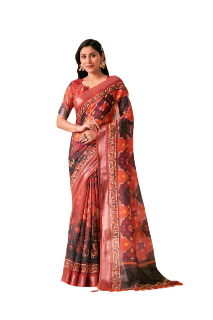 Generic Women's Faux_Linen Printed Saree With Unstitched Blouse 5.5Mtrï¿½(Red)