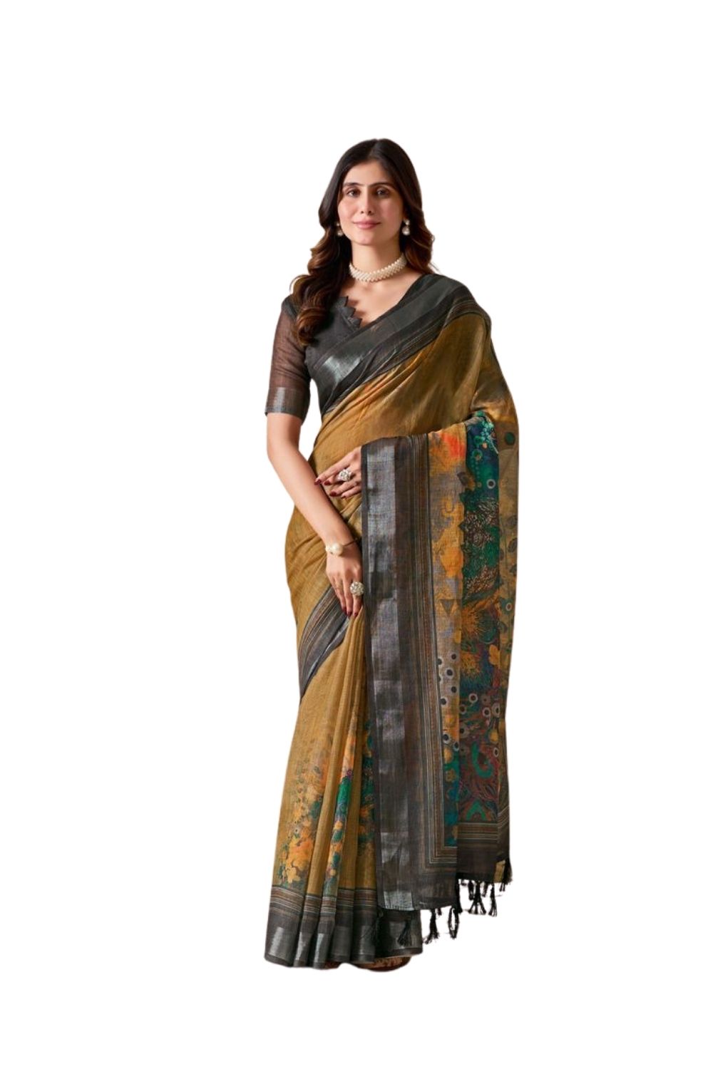 Generic Women's Faux_Linen Printed Saree With Unstitched Blouse 5.5Mtrï¿½(Mustard)