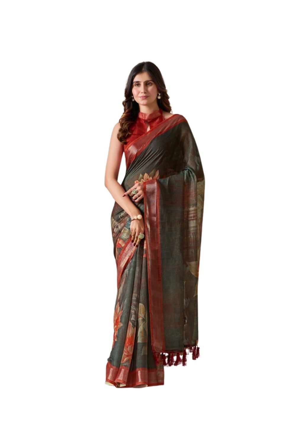 Generic Women's Faux_Linen Printed Saree With Unstitched Blouse 5.5Mtrï¿½(Dark_Green)