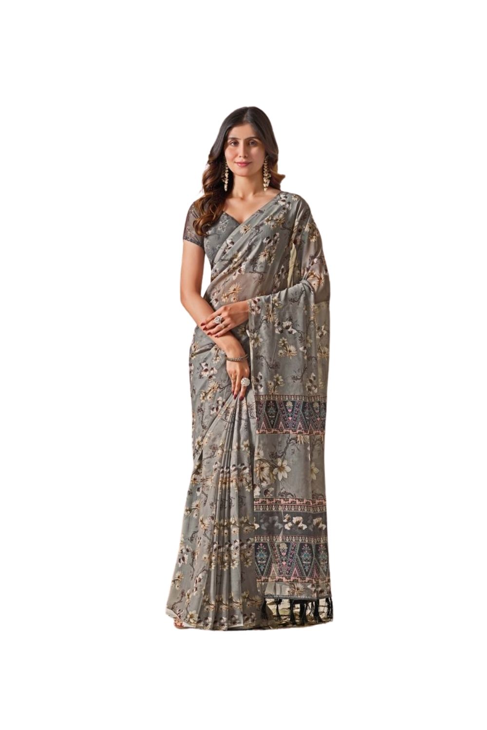 Generic Women's Georgette Printed Saree With Unstitched Blouse 5.5Mtrï¿½(Grey)