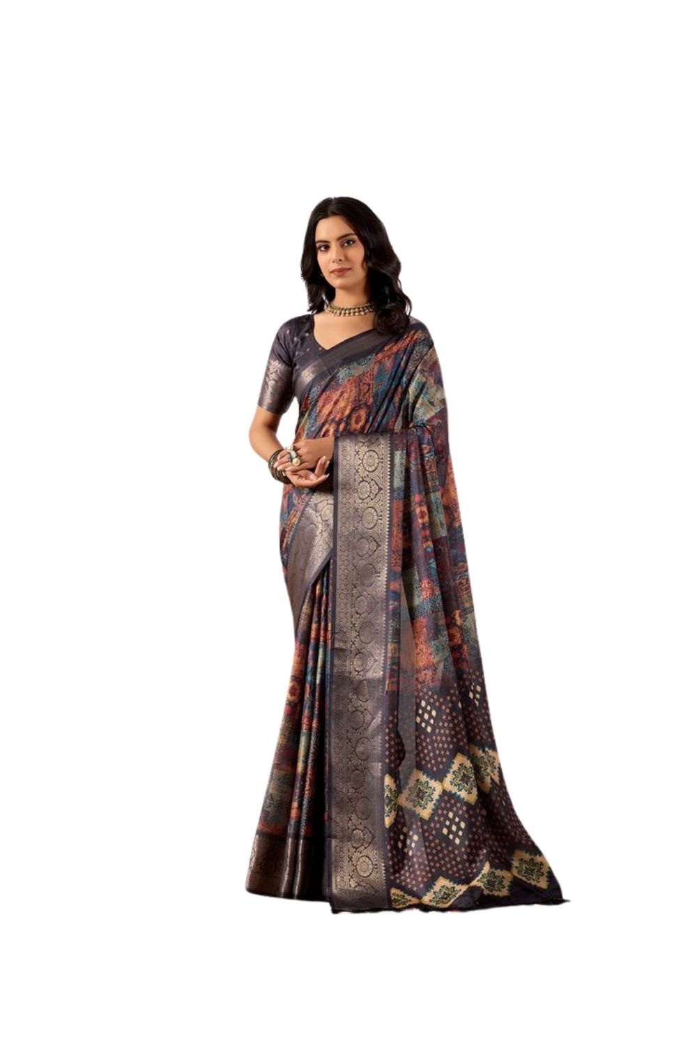 Generic Women's Faux_Silk Printed Saree With Unstitched Blouse 5.5Mtrï¿½(Navy_Blue)