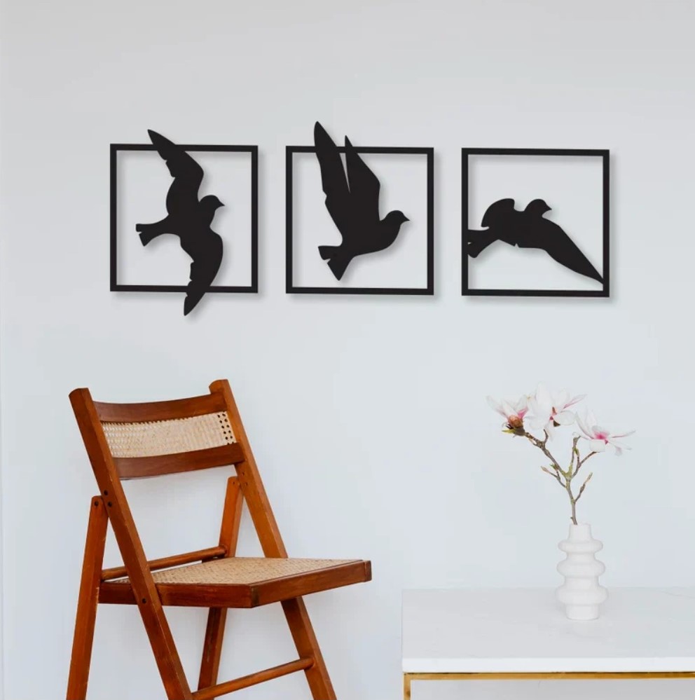 Birds in Frame Wooden Wall Decor ï¿½ Set of 3 Panels (Black)