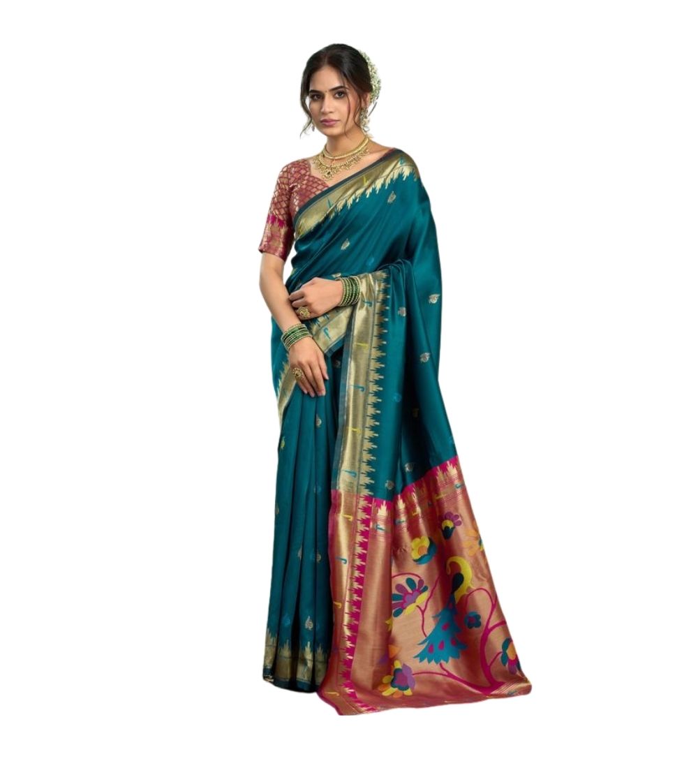 Generic Women's Silk Blend Woven Saree With Unstitched Blouse 5.5 Mtrï¿½(Teal)