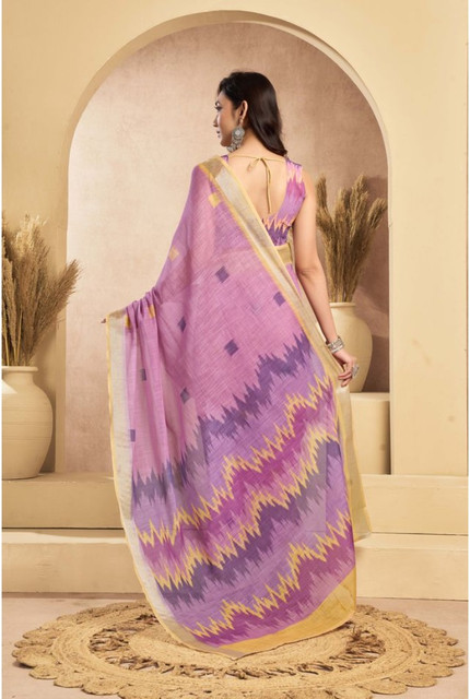 Generic Women's Linen Cotton Printed Ready To Wear Saree With Unstitched Blouse 5.5 Mtrï¿½(Lavender)