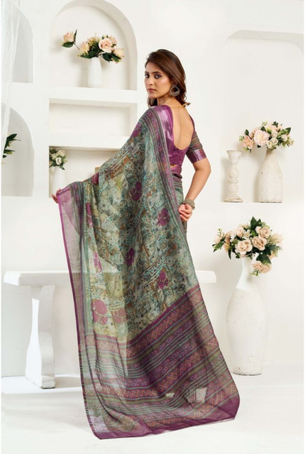 Generic Women's Linen Cotton Printed Ready To Wear Saree With Unstitched Blouse 5.5 Mtrï¿½(Multicolor)