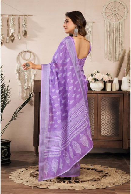 Generic Women's Linen Cotton Printed Ready To Wear Saree With Unstitched Blouse 5.5 Mtrï¿½(Lavender)