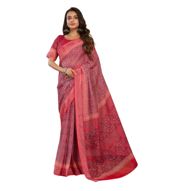 Generic Women's Linen Cotton Printed Ready To Wear Saree With Unstitched Blouse 5.5 Mtrï¿½(Red)