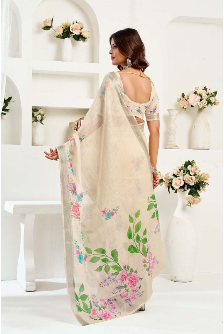 Generic Women's Linen Cotton Printed Ready To Wear Saree With Unstitched Blouse 5.5 Mtrï¿½(Light_Beige)