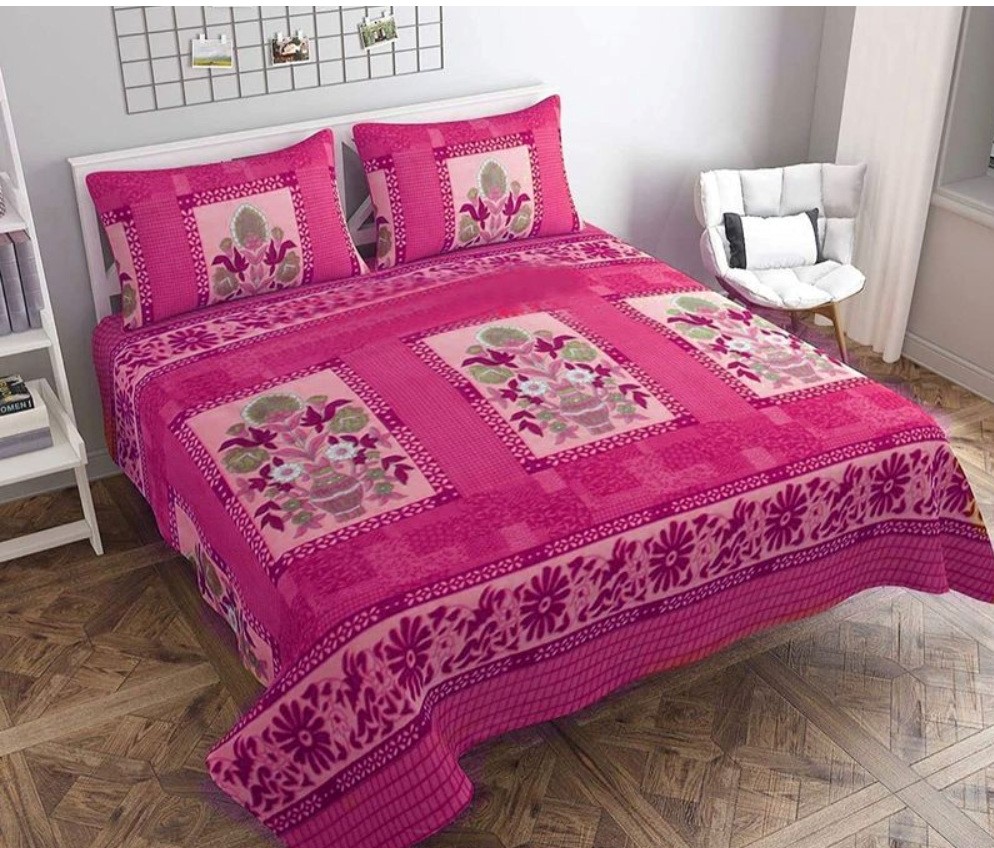 Fleece Floral Printed Double Polar Warm Bedsheet with 2 Pillow Cover (Pink)